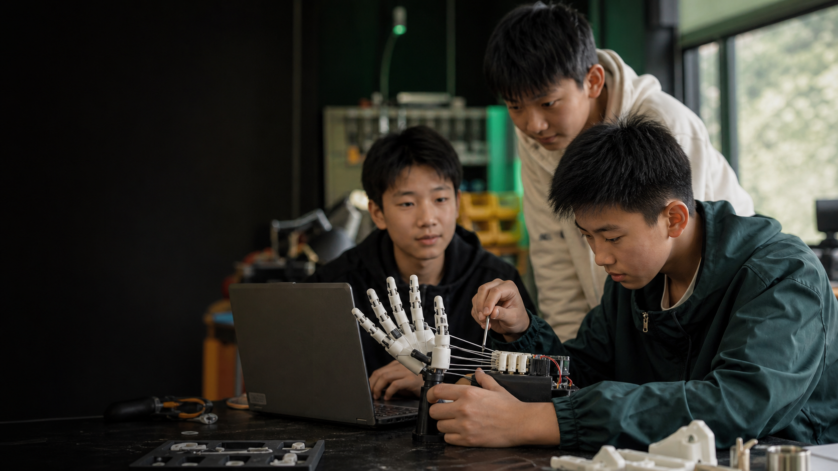 学生在工作台调试灵巧手与牵引线