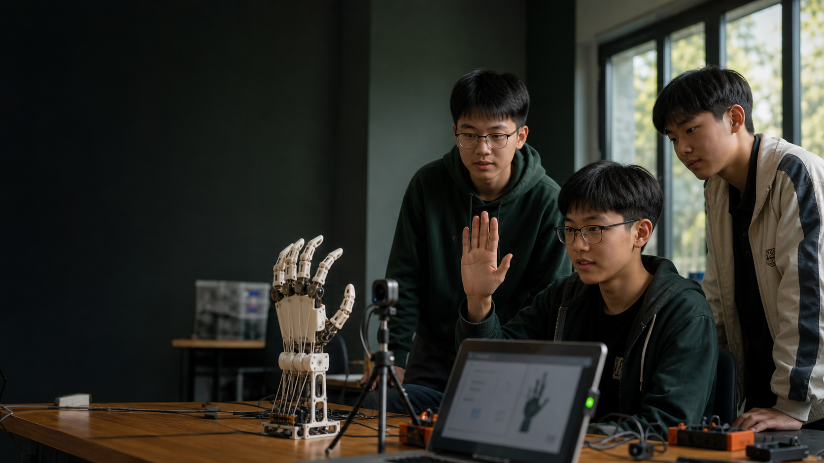学生用摄像头和手势触发灵巧手动作